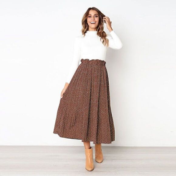 Brown and white polka dot ankle length skirt. Flowy - Picture 1 of 4